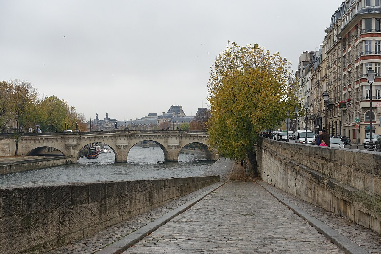 Le Pont-Neuf et la Seine vus depuis un vélo, avec Notre-Dame en arrière-plan